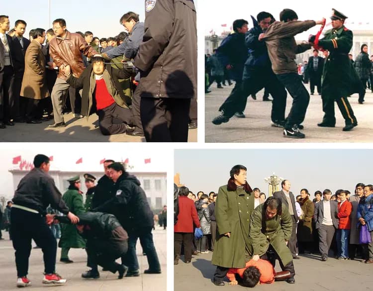 La policía china detiene a practicantes de Falun Gong en la plaza de Tiananmen, en Beijing, en este collage de fotos de archivo. Bajo el régimen del Partido Comunista Chino, decenas de millones de creyentes religiosos —entre ellos cristianos clandestinos, budistas tibetanos, musulmanes uigures y practicantes de Falun Gong— corren el riesgo de ser detenidos día tras día. (Chien-Min Chung/AP Photo, Minghui)