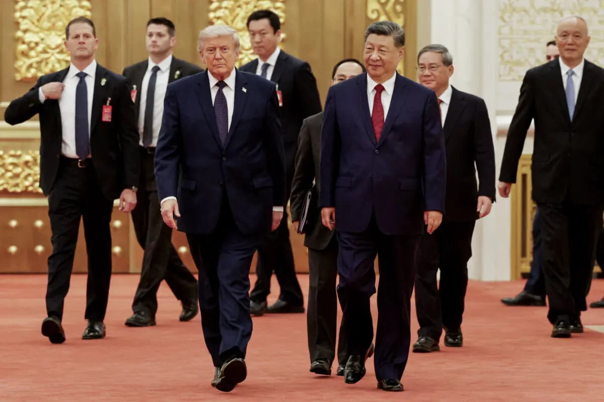 El presidente de Estados Unidos, Donald Trump, llega a un banquete de Estado ofrecido por el líder chino Xi Jinping en el Gran Salón del Pueblo en Beijing, el 14 de mayo de 2026. (Alex Wong/Getty Images)