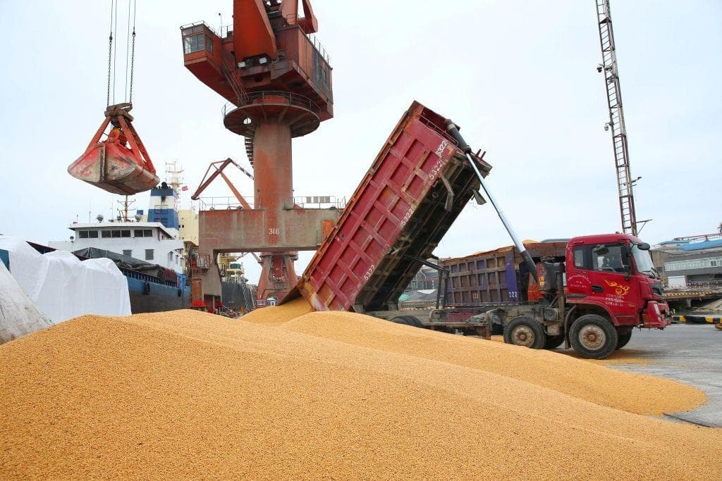 Trabajadores cargan soja importada en un camión en un puerto de Nantong, en la provincia de Jiangsu (China), el 4 de abril de 2018. (AFP/Getty Images)