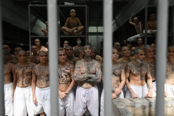 Imagen de archivo del 27 de enero de 2025 de internos en una celda del Centro de Confinamiento del Terrorismo (CECOT), la megacárcel construida por el gobierno de Nayib Bukele en Tecoluca, El Salvador. (Marvin Recinos / AFP vía Getty Images)