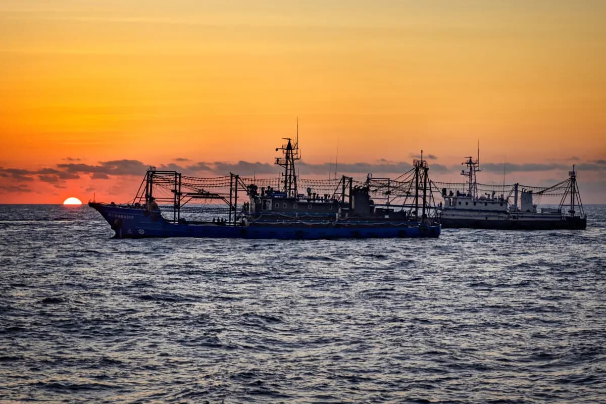 Se observan buques de las milicias chinas mientras buques filipinos llevan a cabo una misión de reabastecimiento a las tropas estacionadas en el Segundo Banco de Thomas, en el mar de la China Meridional, el 5 de marzo de 2024. (Ezra Acayan/Getty Images).