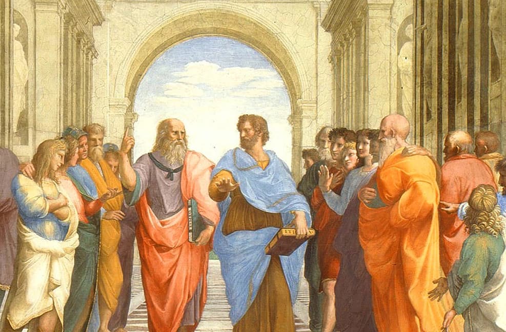 Platón (centro izquierda) y Aristóteles (centro derecha), detalle de "La Escuela de Atenas" de Rafael. (Dominio público)