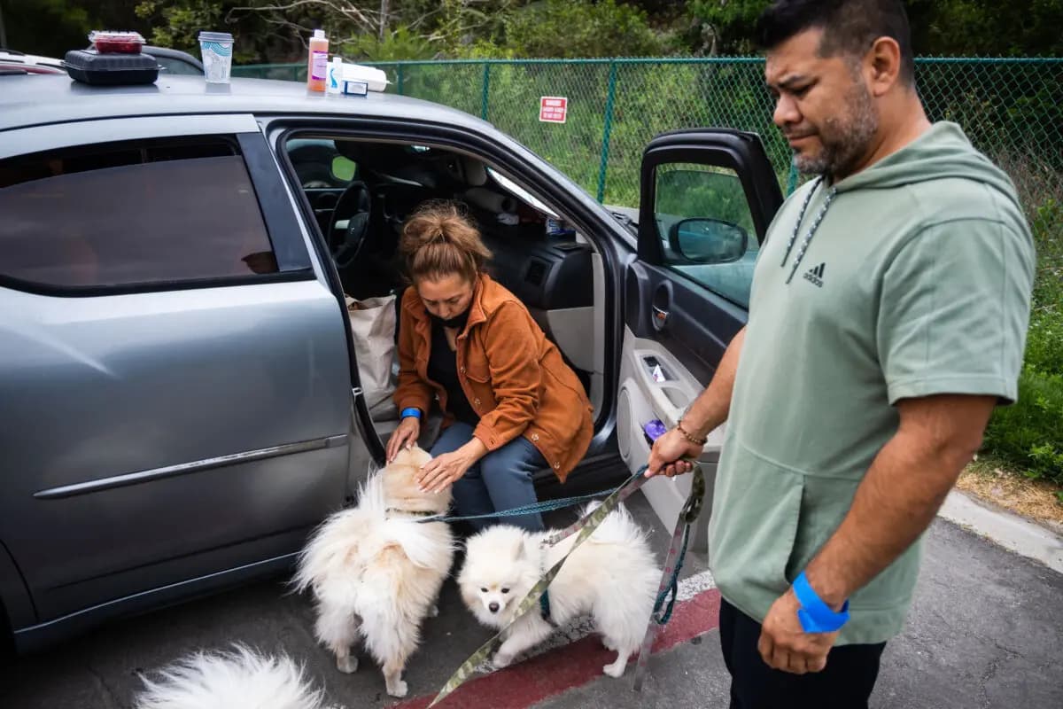 <em>Varias personas cuidan de sus mascotas en las afueras de Freedom Hall, un centro de evacuación en Fountain Valley, California, el 25 de mayo de 2026. (Foto AP/Ethan Swope).</em>
