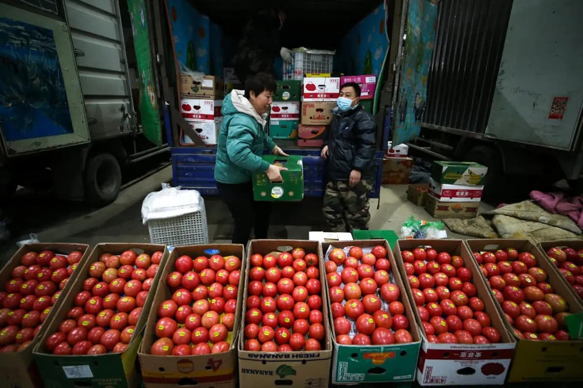 Vendedores de tomates esperan clientes en un mercado en Shenyang, provincia de Liaoning, China, el 9 de diciembre de 2021. (STR/AFP via Getty Images)