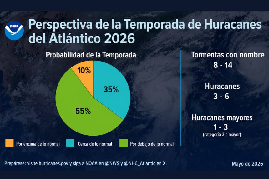 Probabilidades de la temporada de huracanes según el pronóstico de la temporada de huracanes del Atlántico de 2026 de la NOAA. (Cortesía de la NOAA).