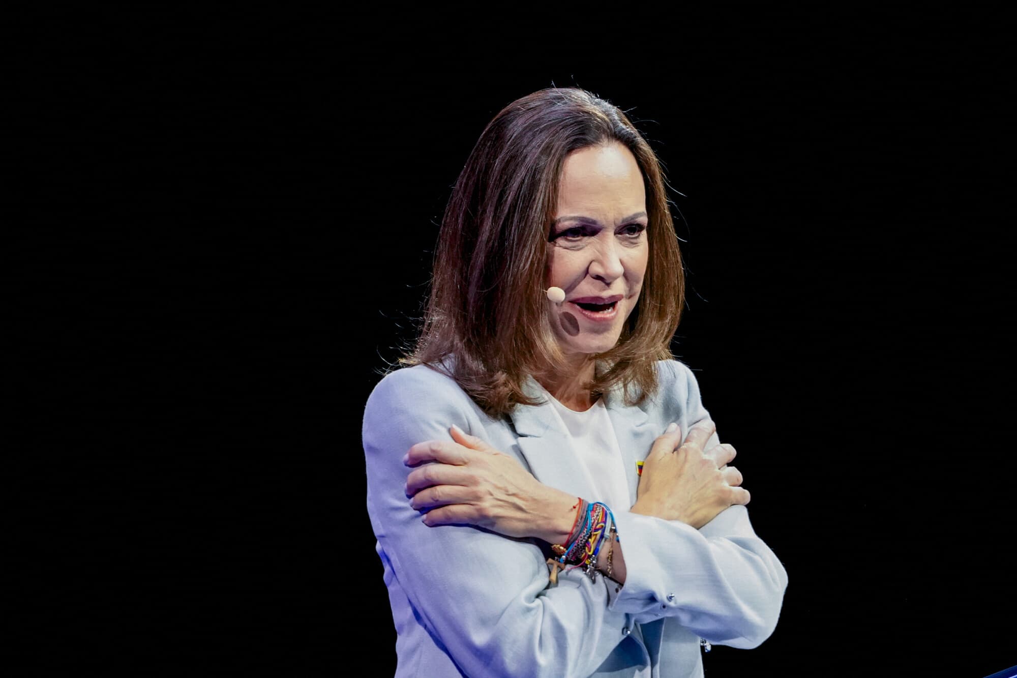La líder de la oposición venezolana en el exilio y ganadora del Premio Nobel de la Paz, María Corina Machado, interviene durante el Foro de la Libertad de Oslo el 2 de junio de 2026 en Oslo, Noruega. (Javad Parsa / NTB / AFP vía Getty Images)
