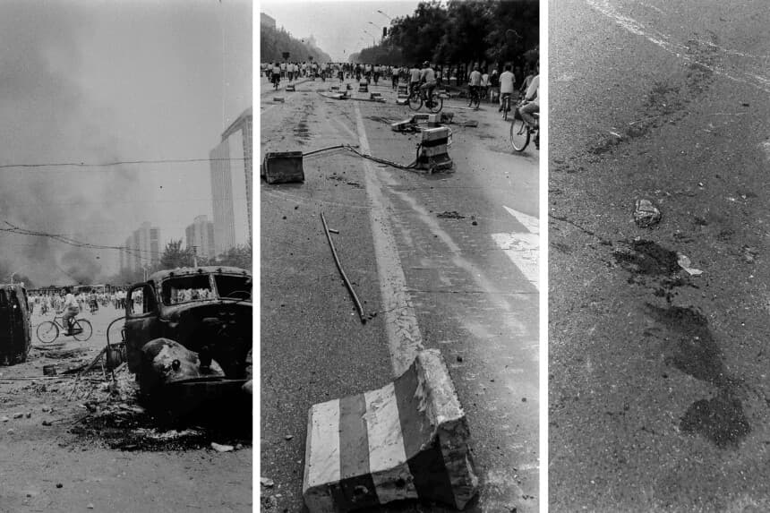Vehículos quemados, barricadas derribadas y manchas de sangre en el suelo durante y después de la represión de las protestas a favor de la democracia en la plaza de Tiananmen en Beijing en junio de 1989.