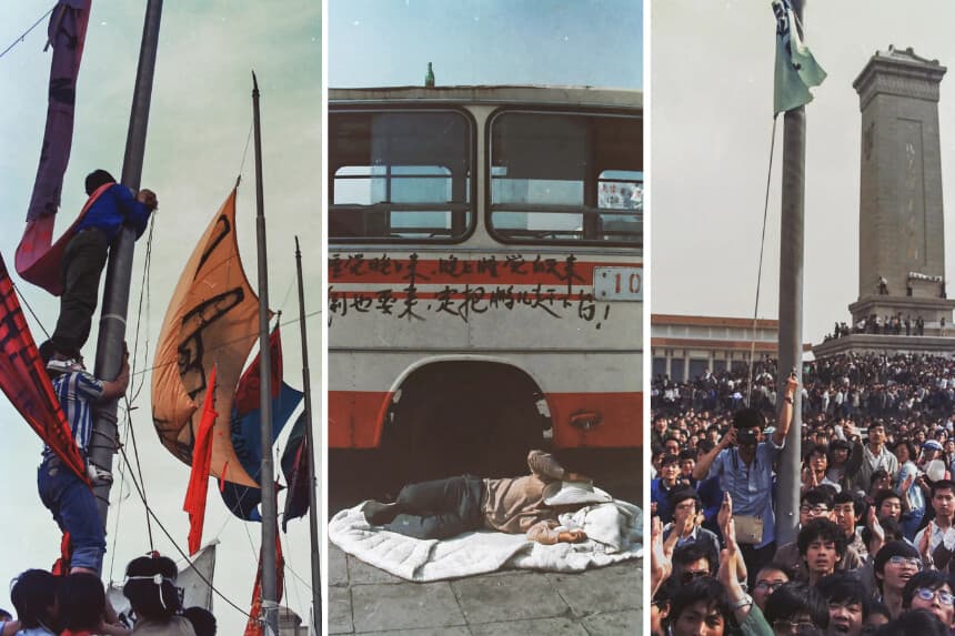 (Izquierda) Manifestantes prodemocracia se suben a un mástil para colocar pancartas en Beijing en la primavera de 1989. (Centro) Un hombre duerme frente a un autobús, donde una rima burlesca anima a la gente a unirse a las protestas prodemocracia en Beijing en la primavera de 1989. (Derecha) Manifestantes prodemocracia en la Plaza de Tiananmén en Beijing en la primavera de 1989.