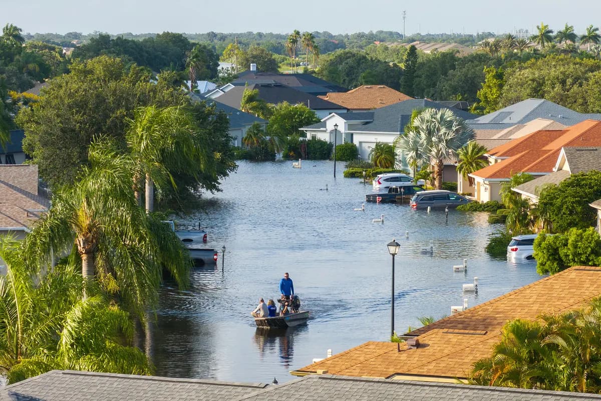 <em>Inundación tras el paso del huracán Debby en la comunidad de Laurel Meadows en Sarasota, Florida, el 6 de agosto de 2024. (Bilanol/Getty Images).</em>