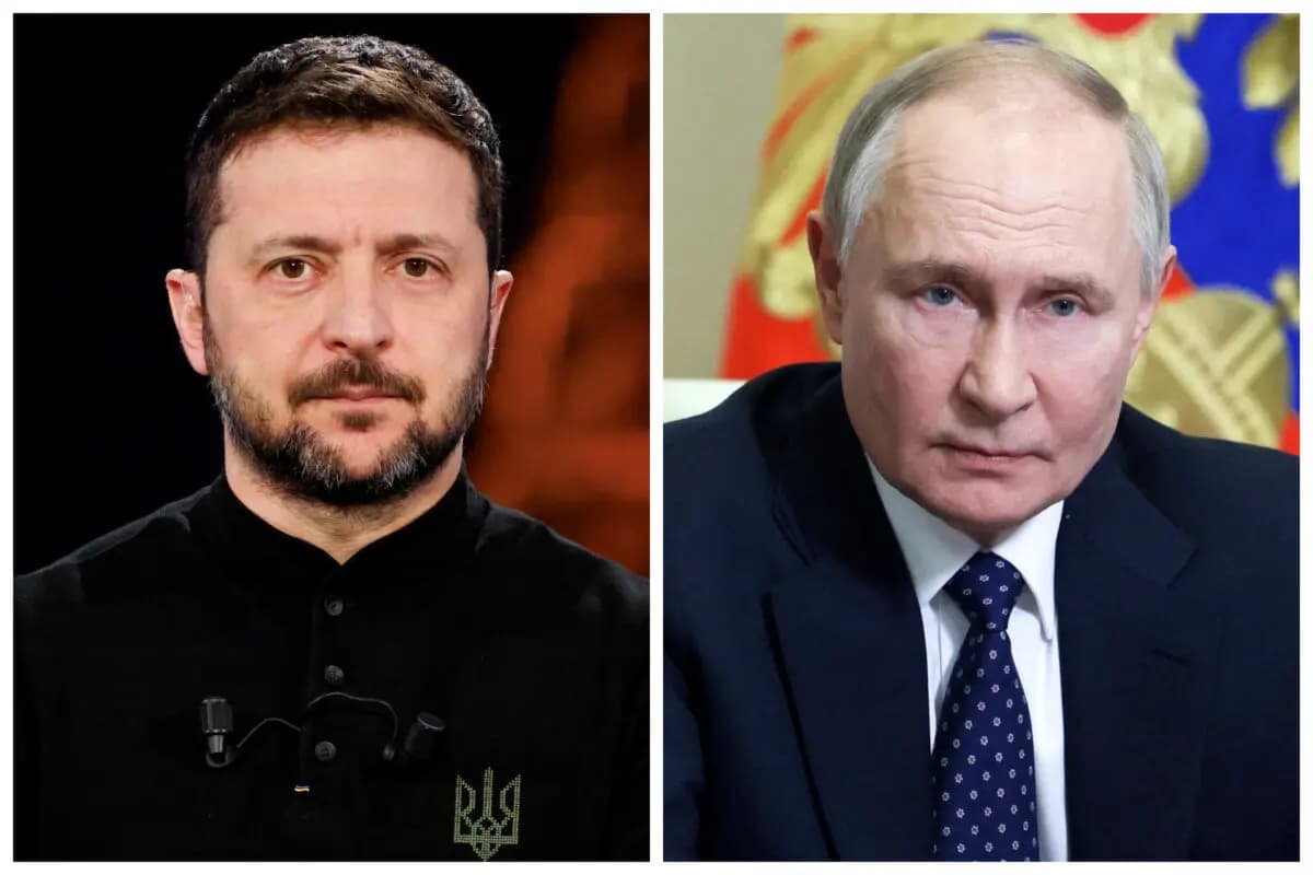 (Izquierda) El presidente ucraniano Volodímir Zelenski en el Musée de l'Homme de París, el 26 de marzo de 2025. (Derecha) El presidente ruso Vladimir Putin en la residencia estatal de Novo-Ogaryovo, a las afueras de Moscú, el 14 de marzo de 2025. (Ludovic Marin, Aleksey Babushkin/AFP vía Getty Images).