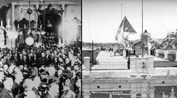 (Izq. El oficial militar estadounidense y gobernador militar de Cuba, Leonard Wood, entrega la carta del presidente Franklin Roosevelt al político cubano Tomás Estrada Palma, en la que se le transfiere el gobierno de Cuba, en una sala abarrotada del Palacio del gobernador General en La Habana, el 20 de mayo de 1902. (Dcha.) Se iza la bandera cubana en el Palacio del Gobernador General en La Habana, el 20 de mayo de 1902. (Dominio público, Underwood & Underwood/Fotos de archivo/Getty Images)