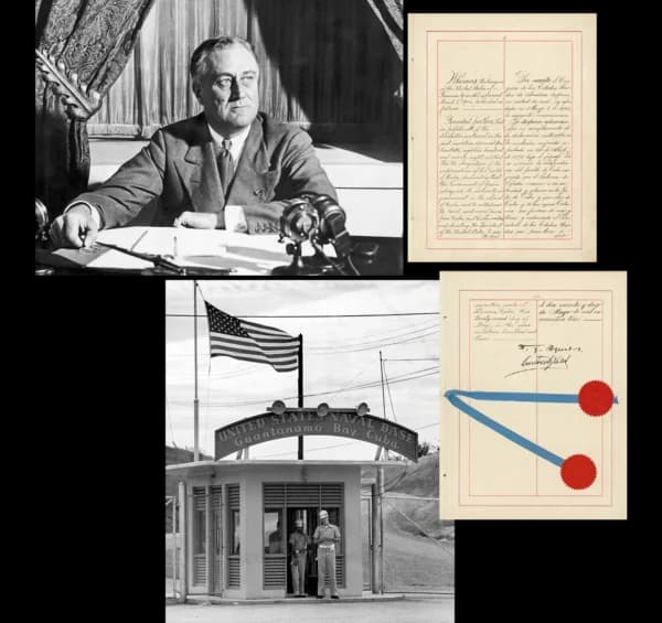 (Izq.) El presidente estadounidense Franklin Roosevelt sentado en un escritorio con micrófonos, probablemente durante una transmisión de radio el 1 de enero de 1935. (Abajo a la izq.) Entrada de la base naval estadounidense en la Bahía de Guantánamo, Cuba, el 17 de febrero de 1962. (Dcha.) Imagen de la página 1 de la Enmienda Platt, firmada en 1902. Dicha enmienda definió los términos para poner fin a la ocupación militar estadounidense de Cuba y establecer la independencia cubana. (Abajo a la dcha.) Página dos de la Enmienda Platt. (Hulton Archive/Getty Images, Jeno Papp/MTI/AFP vía Getty Images, Dominio público)