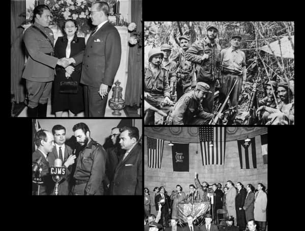 (Arriba a la izq.) El coronel Fulgencio Batista (izq.), junto a su esposa Elisa Godinez-Gómez, saluda al embajador cubano Pedro Fraga en Washington el 10 de noviembre de 1938. (Arriba a la dcha.) El combatiente comunista Fidel Castro y sus hombres en la Sierra Maestra, Cuba, el 2 de diciembre de 1956. (Abajo a la izq.) El periodista de CBC/Radio-Canada y futuro primer ministro de Quebec, René Lévesque (izq.), entrevista al líder cubano Fidel Castro en Montreal a finales de abril de 1959. (Abajo a la dcha.) El líder cubano Fidel Castro saluda a una multitud en Central Park, Nueva York, el 24 de abril de 1959. (Dominio público, Paul-Henri Talbot, AP Foto/John Rooney, Archivo)
