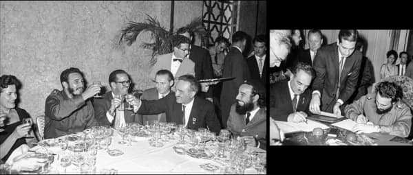 (Izq.) El diplomático soviético Anastas Mikoyan (segundo por la dcha.) alza su copa en honor del líder cubano Fidel Castro (segundo por la izq.) y del presidente cubano Osvaldo Dorticos (tercero por la izq.), durante su visita a Cuba, el 12 de febrero de 1960. (Dcha.) El diplomático soviético Anastas Mikoyan y el líder cubano Fidel Castro firman un acuerdo comercial en La Habana, Cuba, el 13 de febrero de 1960. (Foto AP/Harold K. Milks, AP Foto)