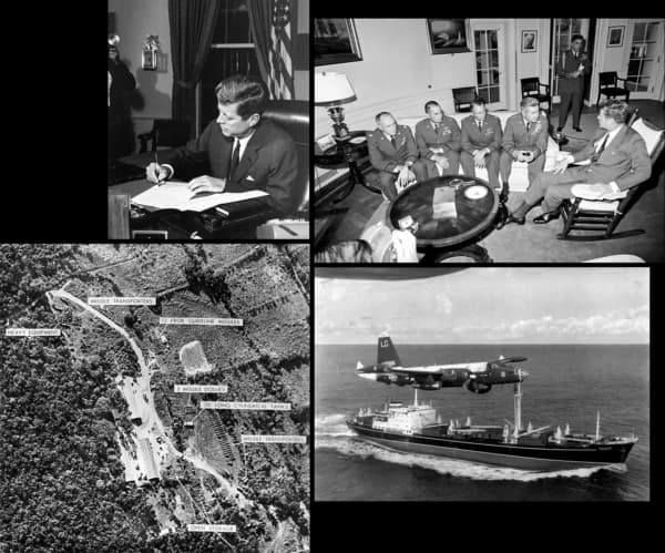 (Arriba a la izq.) El presidente John F. Kennedy firma la Proclamación para la Interdicción del Suministro de Armas Ofensivas a Cuba, en el Despacho Oval el 23 de octubre de 1962. (Arriba a la dcha.) El presidente John F. Kennedy (dcha.) se reúne con el general Curtis LeMay y oficiales de reconocimiento de la Fuerza Aérea de EE. UU. que encontraron emplazamientos de misiles en Cuba, en el Despacho Oval, el 30 de octubre de 1962. (Abajo a la izq.) Vista aérea de una base cubana de misiles de alcance medio, durante la crisis de los misiles cubanos en octubre de 1962. El 15 de octubre de 1962, el Ejército de EE. UU. descubrió varias rampas de lanzamiento de misiles nucleares soviéticos en la isla de Cuba. (Abajo a la dcha.) Un P-2H Neptune de la Armada de EE. UU. del VP-18 sobrevuela un buque de carga soviético con Il-28 embalados en cubierta durante la crisis cubana, el 5 de diciembre de 1962. (Cecil Stoughton/Fotografías de la Casa Blanca, -/Ho/AFP vía Getty Images, Armada de EE. UU.)