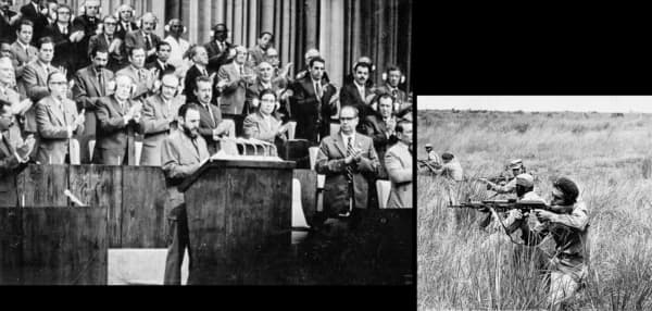 (Izq.) Fidel Castro habla en la primera reunión oficial del Partido Comunista de Cuba, en diciembre de 1975. (Dcha.) Tropas cubanas y angoleñas, miembros del MPLA, respaldado por la Unión Soviética, se reúnen para una sesión de prácticas de tiro en un centro de entrenamiento de San Vicente, cerca de Cabinda, Angola, en 1976. (La Granma/Dominio público, AP Photo)