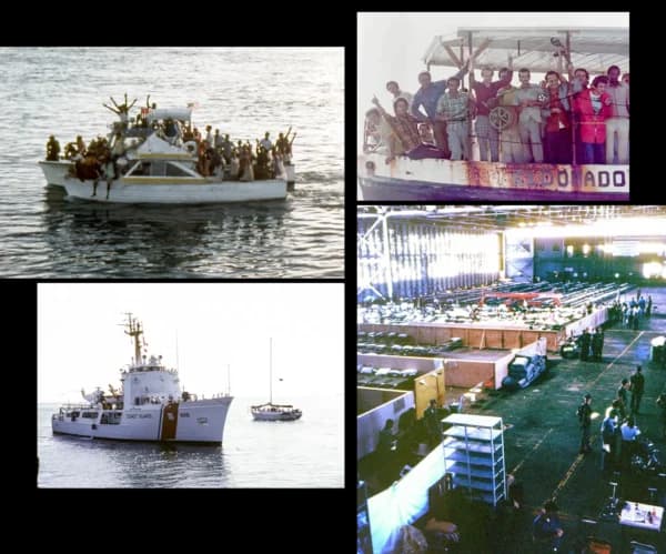 (Arriba a la izq.) Dos embarcaciones sobrecargadas durante el éxodo de Mariel en el puerto de Key West, Florida, en 1980. (Arriba a la dcha.) Una embarcación repleta de refugiados cubanos llega a Key West, Florida, durante el éxodo de Mariel de 1980. (Abajo a la izq.) Una lancha de la Guardia Costera de EE. UU. patrulla en Key West, Florida, durante el éxodo de Mariel en julio de 1980. (Abajo a la dcha.) Un centro de refugiados cubanos en un hangar en Trumbo Point, en Key West, Florida, en mayo de 1980. (Raymond L. Blazevic/CC BY 2.0, Robert L. Scheina/Guardia Costera de EE. UU./Dominio público)