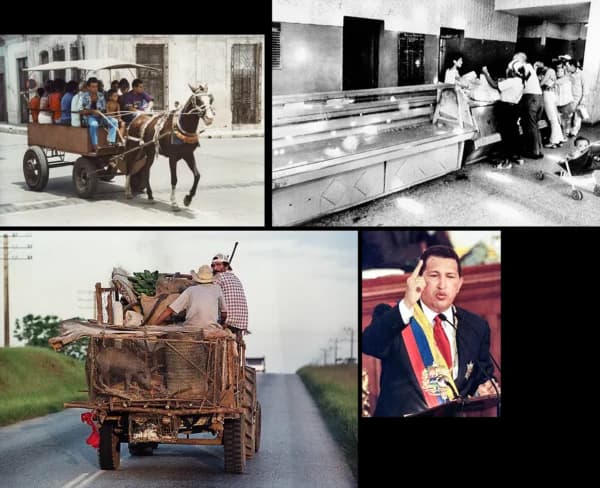(Arriba a la izq.) Un taxi tirado por caballos en Varadero, Cuba, en 1994. (Arriba a la dcha.) Cubanos esperan para comprar comida en un mercado de alimentos mal surtido en La Habana, el 21 de marzo de 1990. Miles de cubanos siguen huyendo del país cada año, muchos en balsa. (Abajo a la izq.) Campesinos cubanos viajan en un tractor que transporta productos agrícolas y animales, cerca de Bauta, Cuba, el 30 de octubre de 1997. Mientras Cuba sigue sufriendo las consecuencias de la caída de la Unión Soviética y Europa del Este, el régimen se ha visto obligado a extender el racionamiento de combustible y alimentos, lo que ha generado nuevas dificultades en casi todos los aspectos de la vida diaria. (Abajo a la dcha.) El líder venezolano Hugo Chávez habla ante 131 miembros de una asamblea constituyente, en el edificio del Congreso en Caracas, Venezuela, el 5 de agosto de 1999. (Wikimedia Commons, Charles Tasnadi/AP Photo, Adalberto Roque/AFP via Getty Images, Fernando Llano/AP Photo)