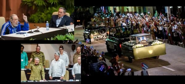 (Arriba a la izq.) El exlíder cubano Fidel Castro se dirige a los delegados en el último día del VII Congreso del Partido Comunista de Cuba en La Habana, el 19 de abril de 2016, mientras su hermano, el líder cubano Raúl Castro, observa. Fidel Castro renunció formalmente en 2008. (Abajo a la izq.) El líder cubano Raúl Castro (izq.) habla junto al primer vicepresidente Miguel Díaz-Canel (centro) y el vicepresidente José Ramón Machado Venturas (dcha.) durante una sesión especial del Parlamento cubano para debatir políticas económicas, en La Habana, el 1 de junio de 2017. La semana siguiente, Raúl Castro renunciará al liderazgo, poniendo fin a las seis décadas de control del poder por parte de su familia. (Dcha.) Las cenizas de Fidel Castro son transportadas por la carretera principal de Bayamo, Cuba, el 2 de diciembre de 2016. (Ismael Francisco/Cubadebate vía AP, STR/AFP vía Getty Images, Rodrigo Abd/AP Photo)