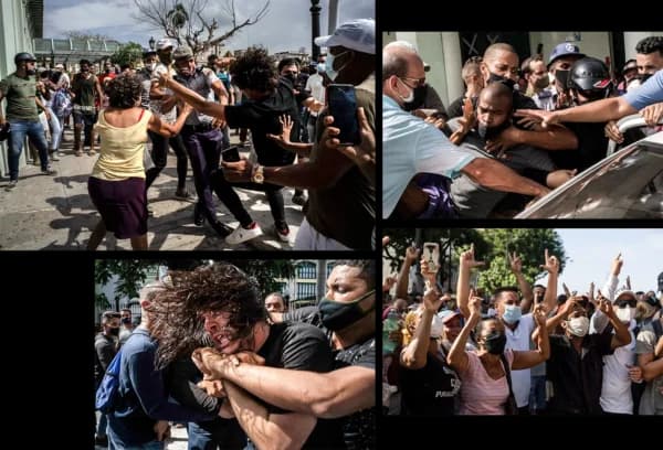 (Arriba a la izq.) La policía detiene a un manifestante anti-régimen durante una protesta en La Habana el 11 de julio de 2021. Cientos de manifestantes salieron a las calles en varias ciudades de Cuba para protestar contra la escasez de alimentos y los altos precios de los productos básicos. (Arriba a la dcha). La policía detiene a un manifestante anti-régimen en La Habana el 11 de julio de 2021. Grupos activistas y funcionarios estadounidenses afirman que al menos seis padres de cubanos que cumplen duras condenas de prisión tras participar en las protestas de julio de 2021 fueron detenidos temporalmente el 17 de noviembre de 2022 y se les impidió visitar a una delegación estadounidense. (Abajo a la izq.) Policías de civil detienen a un manifestante en La Habana el 11 de julio de 2021. Amnistía Internacional insta a las autoridades cubanas a permitirles la entrada y a seguir los juicios contra los detenidos. (Abajo a la dcha.) Manifestantes anti-régimen marchan en La Habana el 11 de julio de 2021. Las autoridades bloquearon las redes sociales en un aparente intento de detener el flujo de información hacia, desde y dentro del país asediado. (Ramon Espinosa/AP Photo, Eliana Aponte/Archivo/AP Photo)