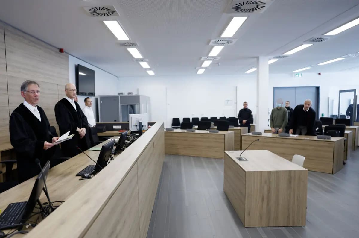 El juez Hans Schlueter-Staats (izquierda) se encuentra en la sala del tribunal regional superior de Dresde, en el este de Alemania, el último día del sonado juicio por espionaje contra dos presuntos espías de China: los acusados Jian G (segundo por la derecha), exasistente del entonces miembro del Parlamento Europeo Maximilian Krah, del partido Alternativa para Alemania (AfD), y Yaqi X (no aparece en la imagen), acusados de espiar a empresas de defensa alemanas, el 30 de septiembre de 2025. (Odd Andersen/POOL/AFP vía Getty Images)