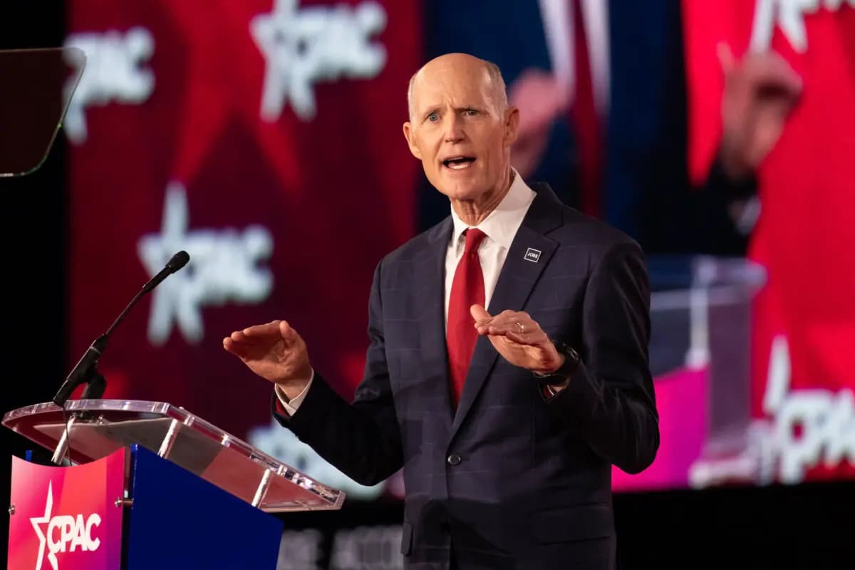 El senador Rick Scott (R-Fla.) habla durante la Conferencia de Acción Política Conservadora (CPAC) en Grapevine, Texas, el 28 de marzo de 2026. (Leandro Lozada/AFP via Getty Images)