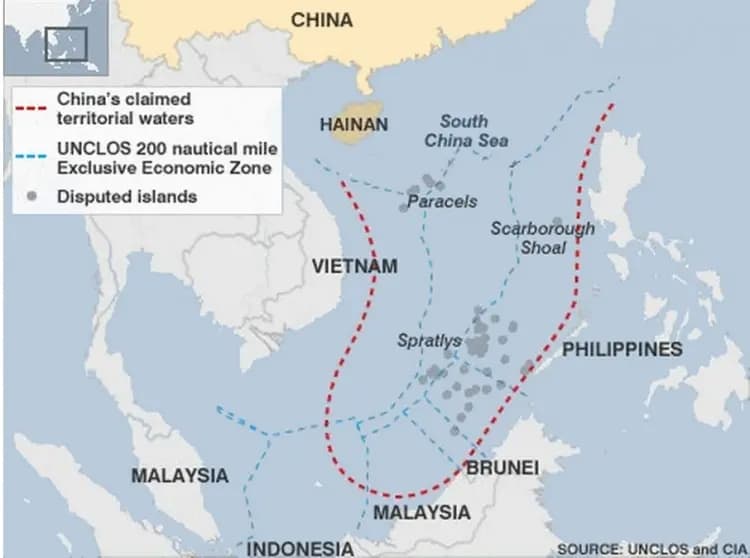 Un mapa que muestra las aguas en disputa con China en el Mar de China Meridional. (CNUDM y la CIA)