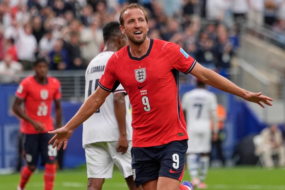 Harry Kane (9) de Inglaterra celebra tras marcar el segundo gol de su selección durante el partido de fútbol del Grupo L de la Copa Mundial entre Panamá e Inglaterra en East Rutherford, Nueva Jersey, cerca de Nueva York, el 27 de junio de 2026. (Steve Luciano/AP.)