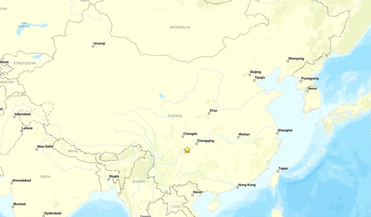 Un mapa muestra la ubicación de un sismo de magnitud 5,2 que sacudió Sichuan, China, en la madrugada del 29 de junio de 2026. (USGS/Captura de pantalla vía The Epoch Times)