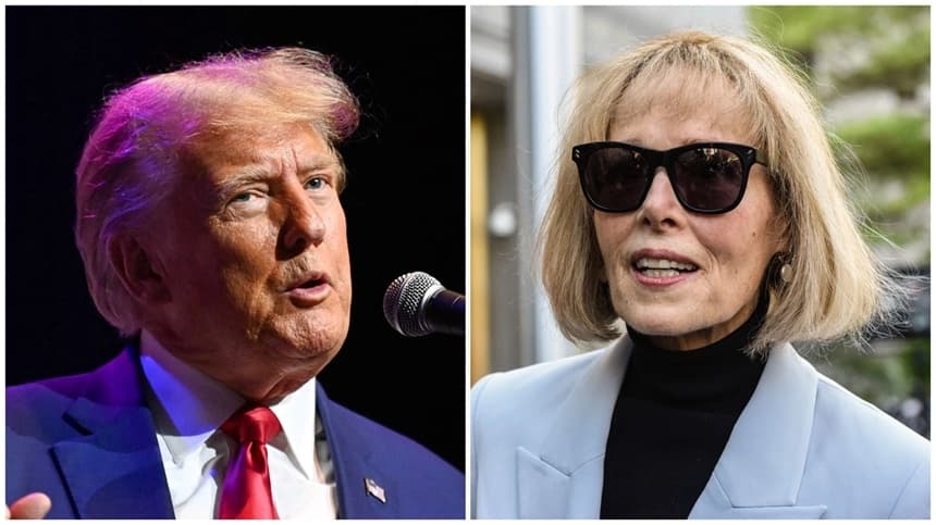 (Izquierda) El entonces expresidente Donald Trump habla durante la reunión de verano de 2023 del Partido Republicano de Alabama en el hotel Renaissance Montgomery, en Montgomery, Alabama, el 4 de agosto de 2023. (Julie Bennett/Getty Images); (Derecha) E. Jean Carroll se retira tras su juicio en la Corte Federal de Manhattan, en Nueva York, el 8 de mayo de 2023. (Stephanie Keith/Getty Images)

