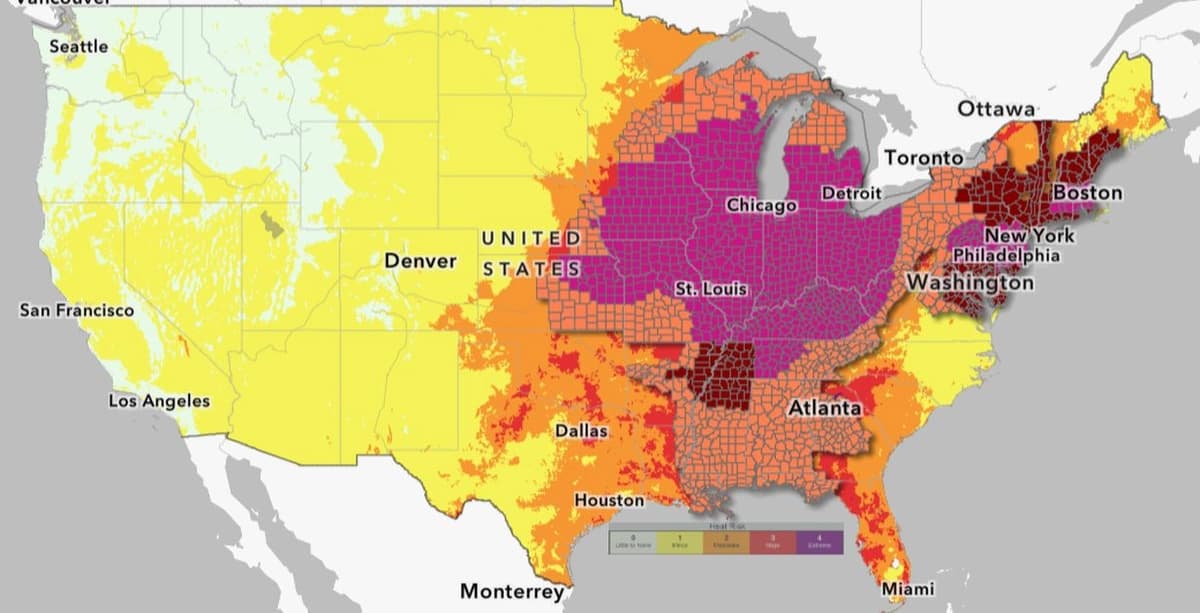 Un mapa publicado por el Servicio Meteorológico Nacional el 30 de junio de 2026 muestra avisos relacionados con el calor en todo EE. UU. Las áreas en morado están bajo advertencias de calor extremo, mientras que las áreas en rojo oscuro están bajo alertas de calor extremo. Las áreas en naranja están bajo avisos de calor. (Captura de pantalla vía The Epoch Times/Servicio Nacional de Meteorología)