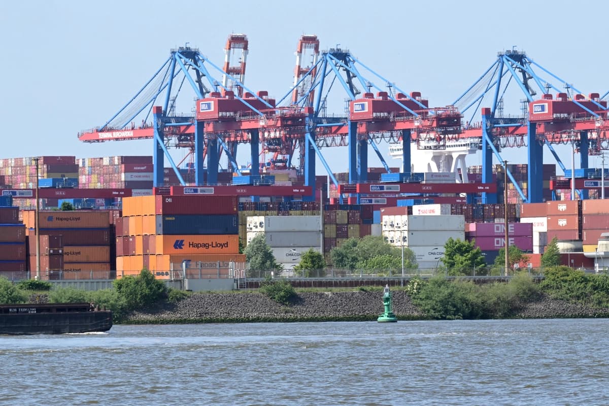 Contenedores de carga esperan a ser cargados por grúas en buques portacontenedores en la terminal de contenedores de Burchardkai, en el puerto de Hamburgo, Alemania, el 3 de junio de 2025. (Fabian Bimmer/AFP vía Getty Images)