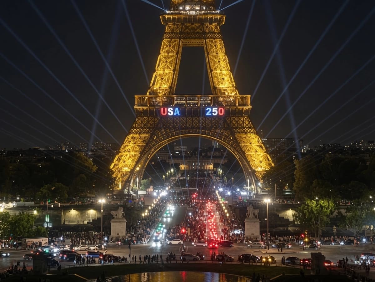 La Torre Eiffel se iluminó en París para conmemorar el 250 aniversario de la Declaración de Independencia de los Estados Unidos, el 3 de julio de 2026. (Etienne Fauchaire/The Epoch Times)