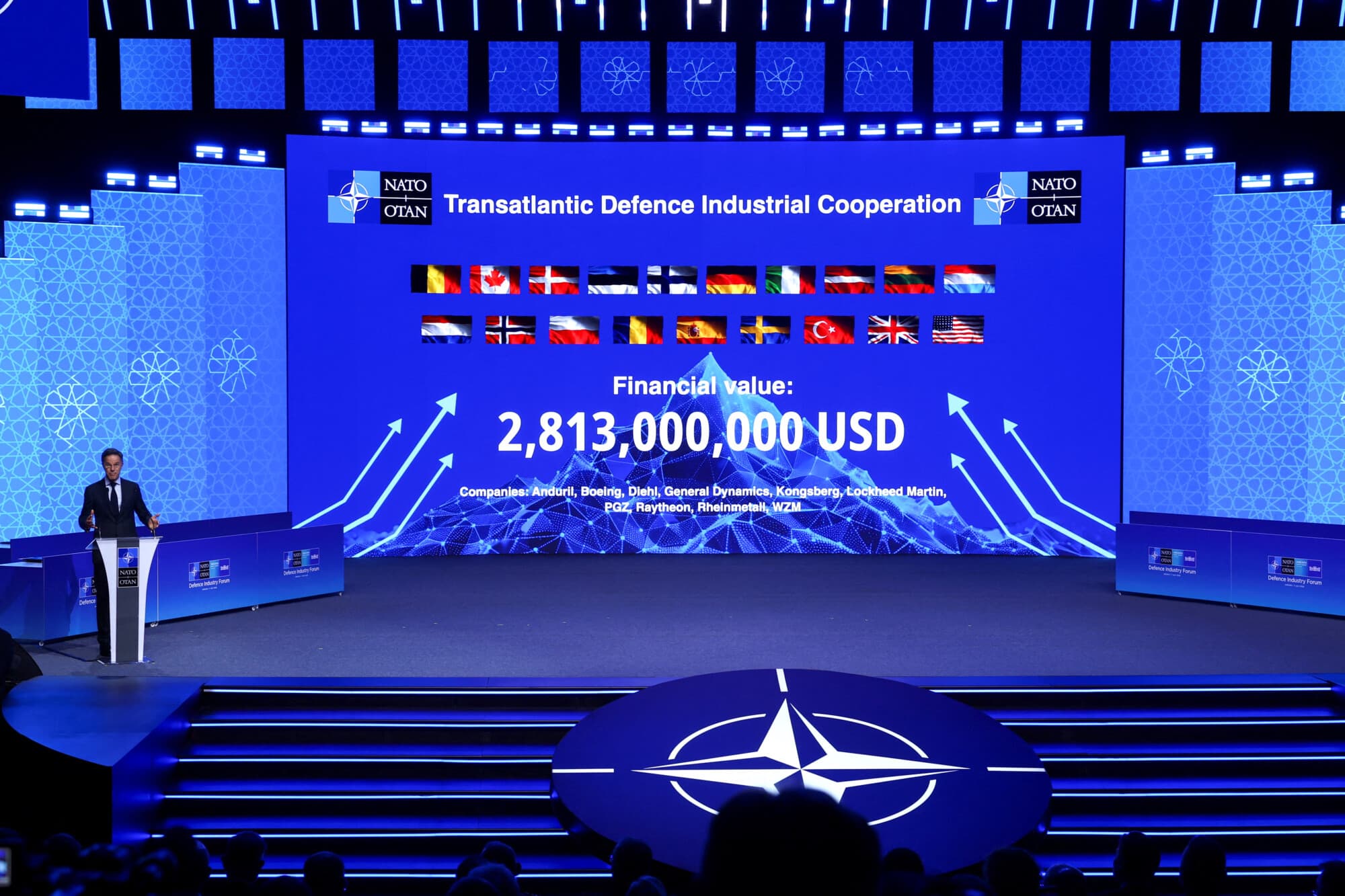 El secretario general de la OTAN, Mark Rutte, interviene en el Foro de la Industria de Defensa de la Cumbre de la OTAN, celebrado paralelamente a la Cumbre de líderes de la OTAN en Ankara, Turquía, el 7 de julio de 2026. (Yves Herman/Reuters).