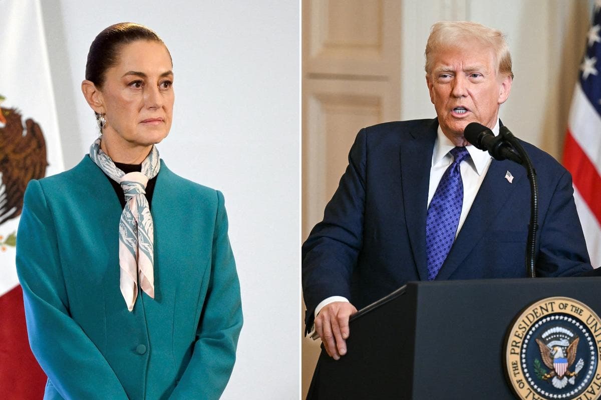 (Izquierda) La presidenta mexicana Claudia Sheinbaum escucha una pregunta durante su conferencia de prensa diaria en el Palacio Nacional de la Ciudad de México el 6 de noviembre de 2024; (Derecha) El presidente de EE. UU., Donald Trump, habla en el Salón Este de la Casa Blanca en Washington, el 29 de enero de 2025. (Alfredo Estrella, Pedro Ugarte/AFP vía Getty Images)