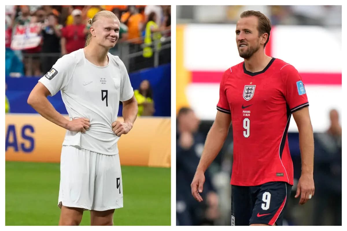 (Izquierda) Erling Haaland, de Noruega, en Arlington, Texas, el 30 de junio de 2026. (Derecha) Harry Kane, de Inglaterra, en East Rutherford, Nueva Jersey, el 27 de junio de 2026. (Tony Gutiérrez; Steve Luciano/AP Photo)