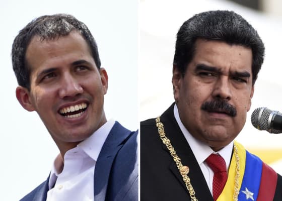 <em>Esta combinación de imágenes muestra al líder de la oposición venezolana, Juan Guaidó (izq.) el 4 de febrero de 2019, y al expresidente venezolano Nicolás Maduro el 10 de enero de 2019. (STF/AFP vía Getty Images)</em>