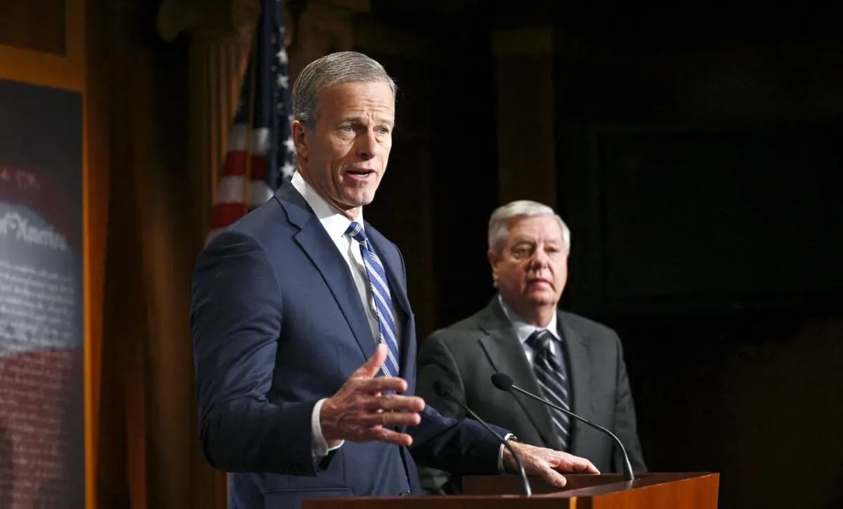El senador John Thune (R-S.D.) se une al miembro de mayor rango del Comité Judicial del Senado, Lindsey Graham (R-S.C.), para una conferencia de prensa sobre el "abuso del sistema de libertad condicional migratoria" por parte de la administración de Biden en el Capitolio de Estados Unidos, en Washington, el 17 de enero de 2024. (Brendan Smialowski/AFP)
