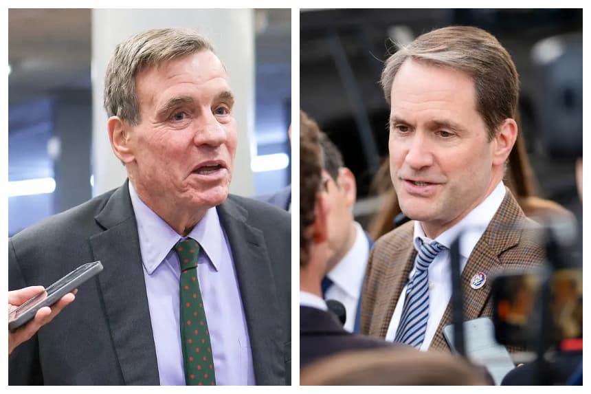 (Izquierda) El senador Mark Warner (D-Va.), vicepresidente del Comité de Inteligencia del Senado, camina por el Capitolio de EE. UU. el 19 de mayo de 2026. Warner afirmó el 11 de junio que el modelo de IA Mythos de Anthropic logró infiltrarse en sistemas informáticos clasificados en cuestión de minutos. (Derecha) El representante Jim Himes (D-Conn.) habla con los periodistas en el Capitolio de los Estados Unidos el 5 de marzo de 2026. Himes y otros legisladores están dando la voz de alarma sobre modelos de IA de vanguardia como el Mythos 5 de Anthropic. (Kevin Dietsch/Getty Images, Allison Robbert/AP)