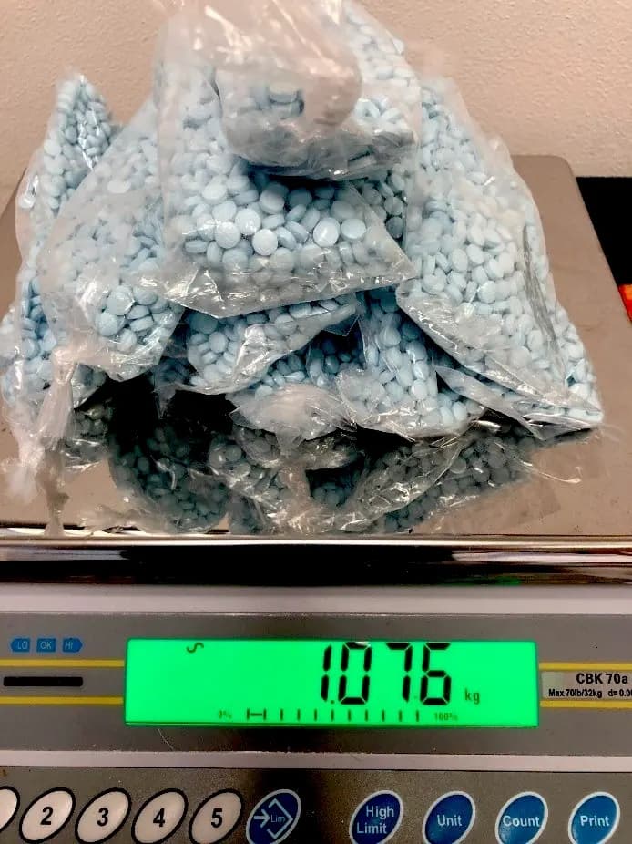 Se incautaron bolsas de plástico que contenían lo que parecen ser pastillas de fentanilo durante una investigación de un año de duración sobre una presunta operación de tráfico de drogas desde Arizona hasta Madison, Wisconsin. (Cortesía de la Fiscalía Federal del Distrito Oeste de Wisconsin)