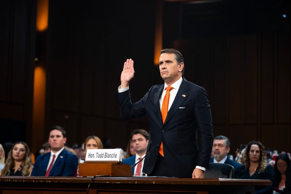 Todd Blanche, el fiscal general interino nominado para dirigir el Departamento de Justicia, presta juramento antes de testificar en su audiencia de confirmación en el Capitolio en Washington, el 15 de julio de 2026. (Madalina Kilroy/The Epoch Times).