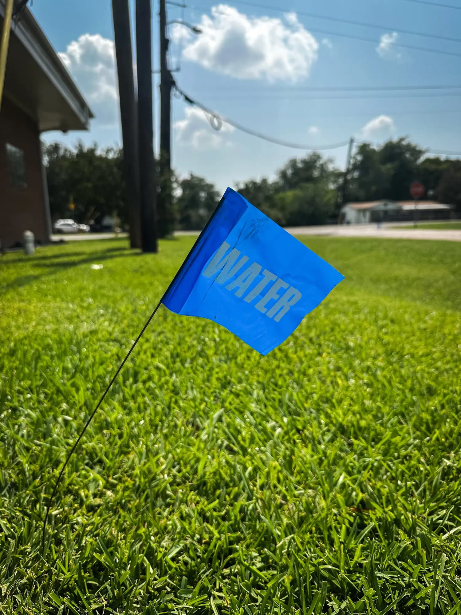 Una bandera marca la ubicación de una tubería de agua cerca de la torre de agua de Trinidad, en Trinidad, Texas, el 22 de junio de 2026. Los residentes de este pequeño pueblo afirmaron que llevan años bebiendo agua embotellada en lugar del agua del grifo del pueblo. (Darlene McCormick Sánchez/The Epoch Times)