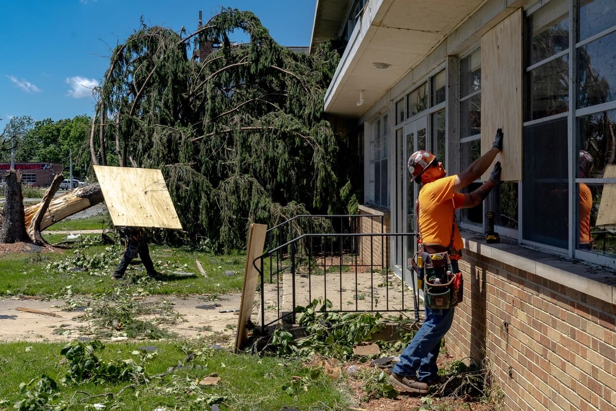 Equipos de limpieza tapan con tablones las ventanas rotas de la escuela secundaria Andrean High School después de que fuera dañada por los vientos de un tornado en Merrillville, Indiana, el 12 de junio de 2026, tras el paso de un sistema de tornados por la zona. (Jim Vondruska/Getty Images)