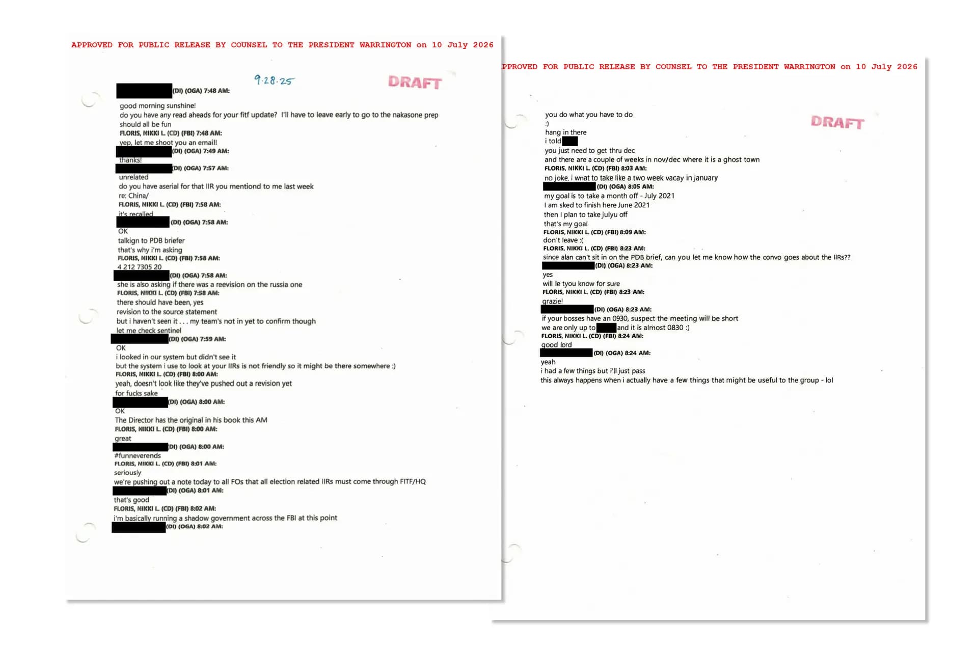 (Arriba) Un correo electrónico enviado por la exjefa de seguridad electoral del FBI, Nikki Floris, en diciembre de 2020, que forma parte de un conjunto de documentos desclasificados y publicados por la Casa Blanca el 16 de julio de 2026. (Abajo) Un correo electrónico enviado por la exjefa de seguridad electoral del FBI, Nikki Floris, en el que comenta: "Básicamente, en este momento estoy dirigiendo un gobierno en la sombra en todo el FBI". (Casa Blanca).