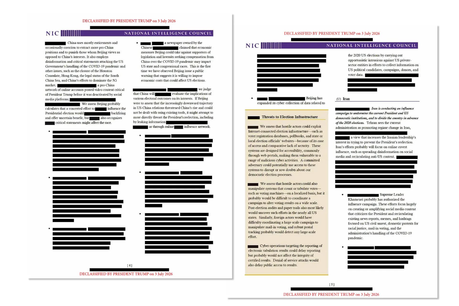 (Arriba) Un análisis de un informe de inteligencia de la CIA señala que las actividades cibernéticas chinas podrían ser un preludio del espionaje electoral; esto forma parte de un conjunto de documentos recientemente desclasificados que la Casa Blanca dio a conocer el 16 de julio de 2026. (Abajo) Un informe desclasificado del Consejo Nacional de Inteligencia menciona posibles intentos de influir en las elecciones estadounidenses por parte de China e Irán. (Casa Blanca).