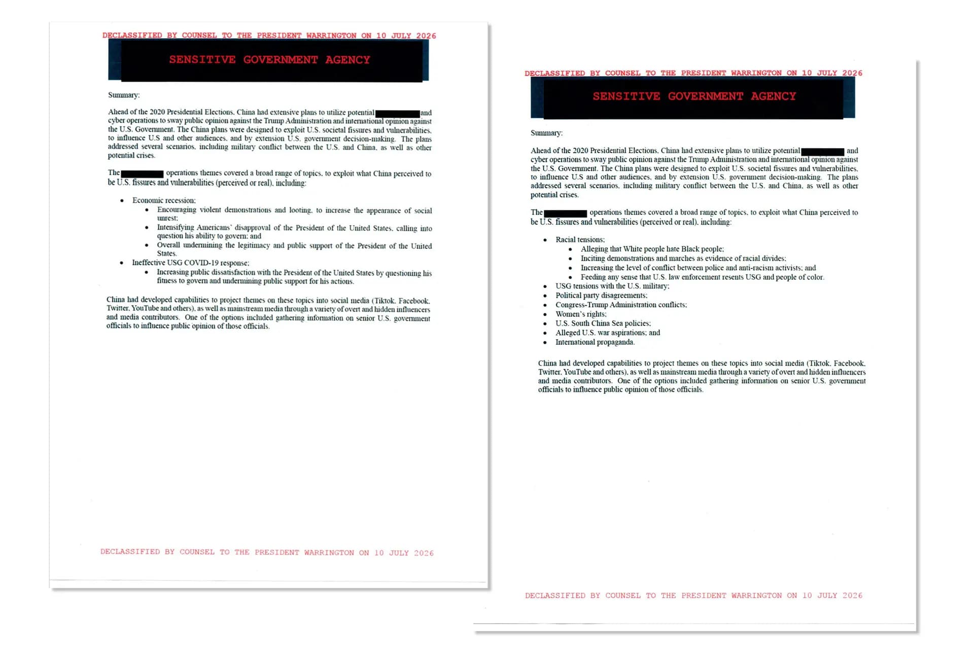 (Arriba) Un informe del FBI cita información de inteligencia según la cual China exportó decenas de miles de licencias de conducir fraudulentas a Estados Unidos en agosto de 2020. El informe forma parte de los documentos desclasificados que la Casa Blanca dio a conocer el 16 de julio de 2026. (Abajo) Un informe recientemente desclasificado de una "agencia gubernamental sensible" analiza posibles intentos chinos de influir en las elecciones de 2020, incluyendo el uso de las redes sociales para volver a la opinión pública en contra de la administración de Trump y el aprovechamiento de las tensiones raciales. (Casa Blanca).