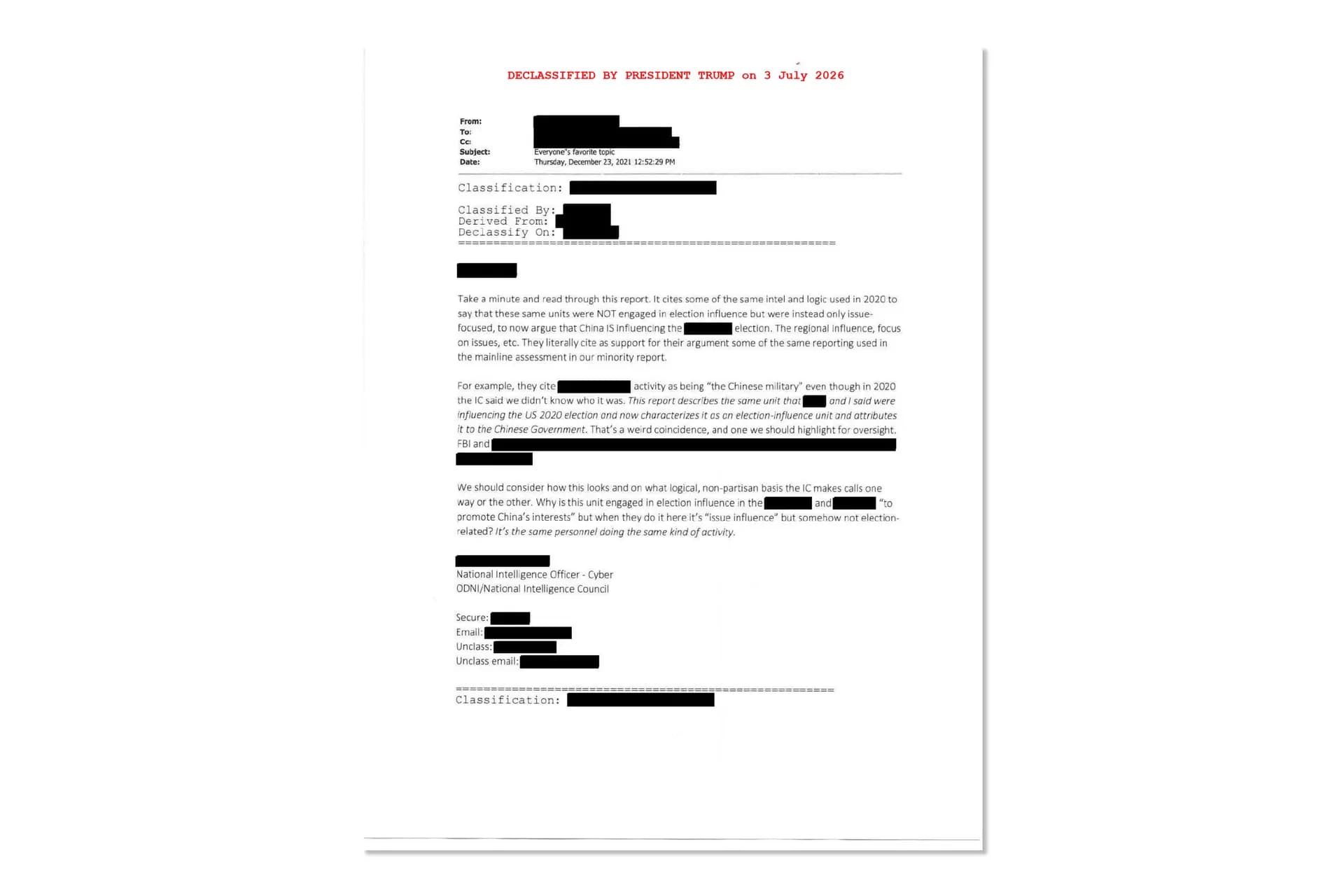 Un correo electrónico recientemente desclasificado de un funcionario del Consejo Nacional de Inteligencia cita "información y lógica" que se habían utilizado en 2020 para argumentar que China no estaba interfiriendo en las elecciones de EE. UU., pero que al año siguiente se citó como evidencia de la interferencia china. (Casa Blanca).
