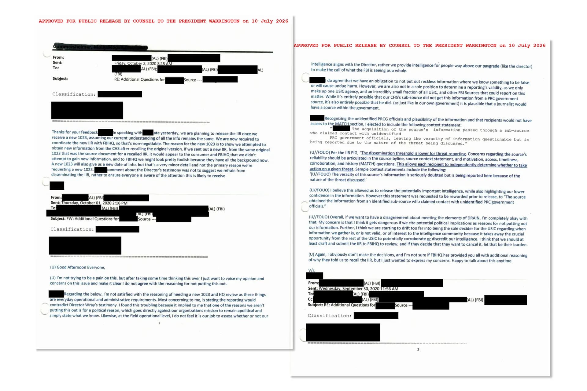 Los correos electrónicos del FBI ponen de manifiesto opiniones contradictorias dentro de la agencia sobre si se debe dar a conocer cierta información relacionada con una posible injerencia en las elecciones de Estados Unidos. Dichos correos formaban parte de un conjunto de documentos divulgados por la Casa Blanca el 16 de julio de 2026. (Casa Blanca).
