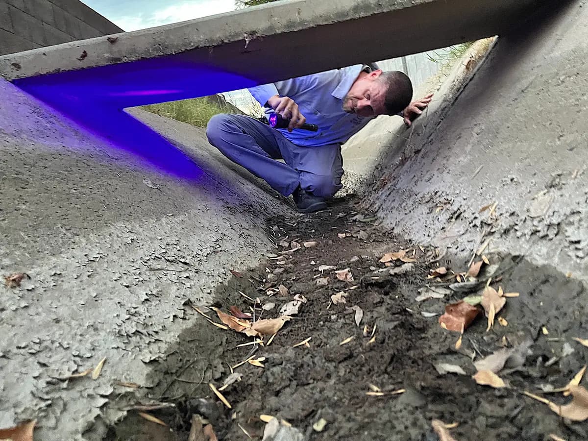 Mike Golleher, especialista de alto nivel en escorpiones, apunta con una linterna ultravioleta debajo de un cruce de canal de drenaje en Tempe, Arizona, el 24 de junio de 2026. (Allan Stein/The Epoch Times)