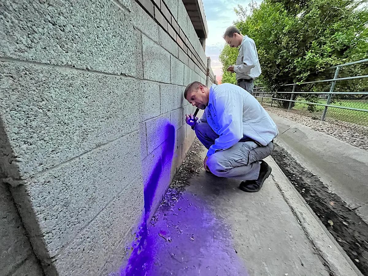 Mike Golleher, especialista en escorpiones, se agacha mientras ilumina con una linterna ultravioleta una barrera de concreto —un escondite habitual de los escorpiones de corteza— en Tempe, Arizona, el 24 de junio de 2026. (Allan Stein/The Epoch Times)